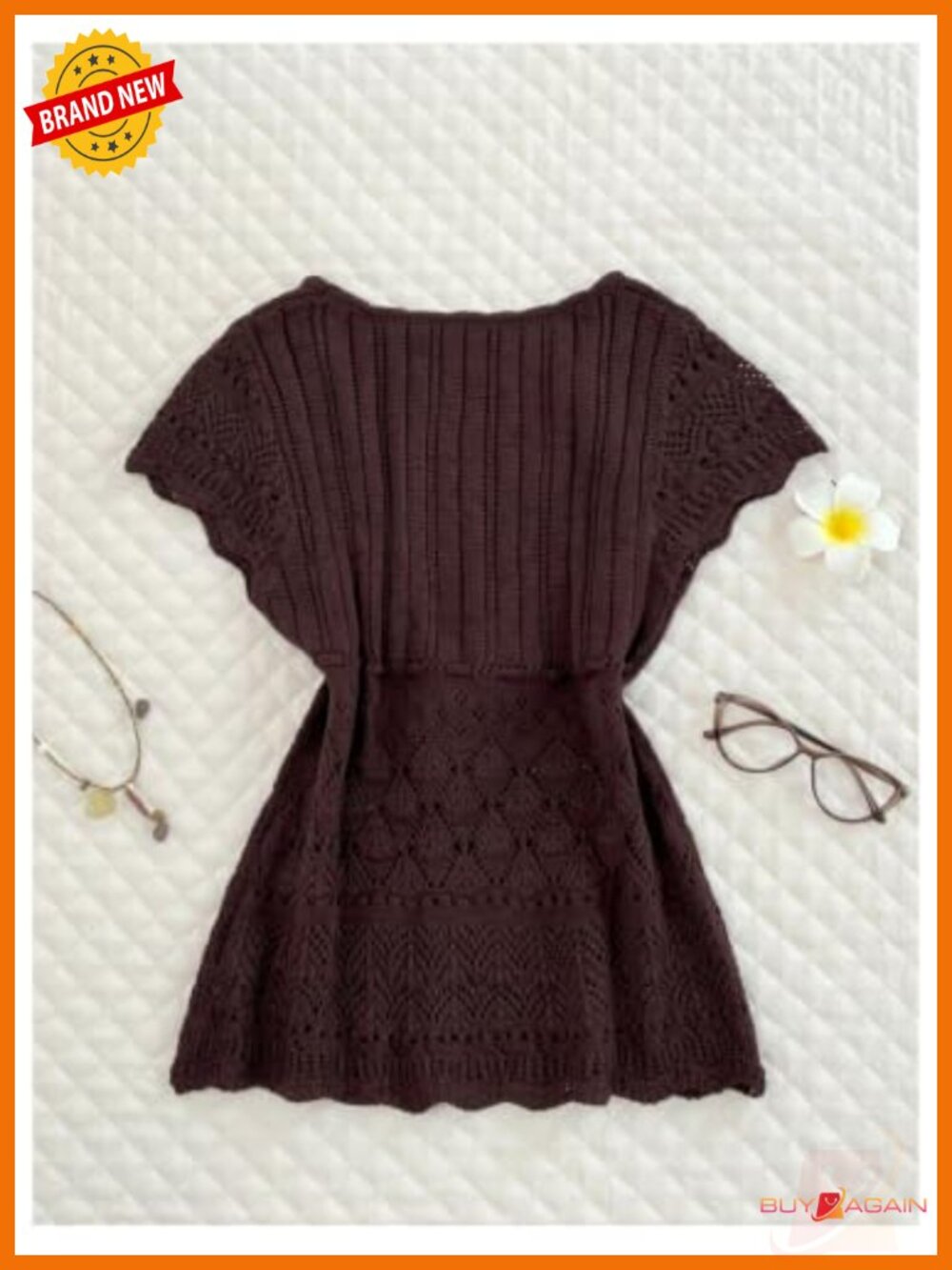 Boho Floral Embroidery Openwork Knit Top Drawstring Ruffle Hem - Picture 4 of 6